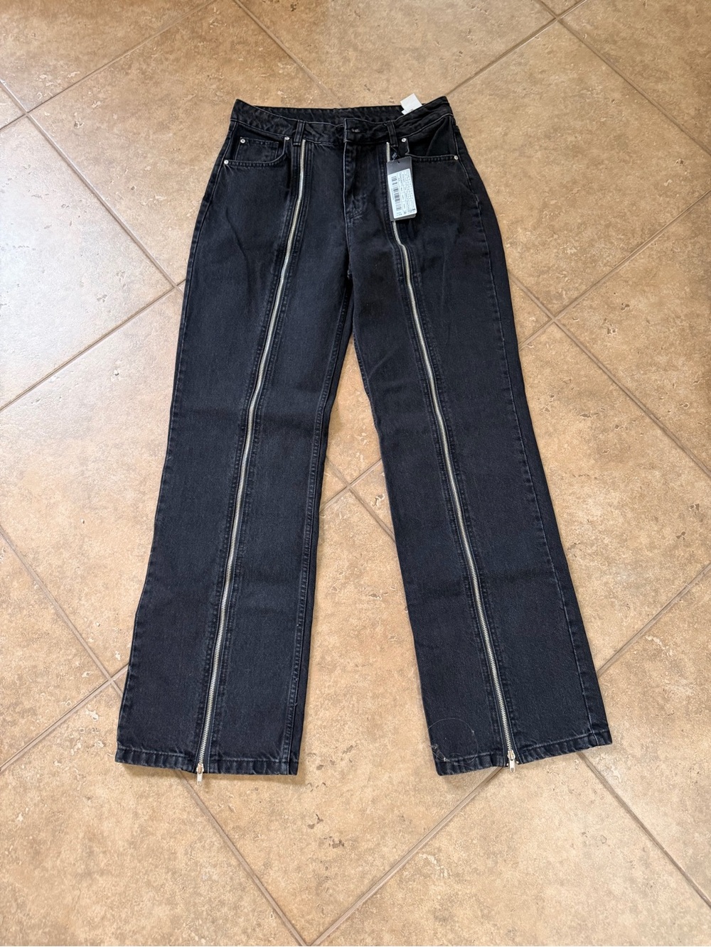 Black High-Waist Zip-Front Straight Jeans